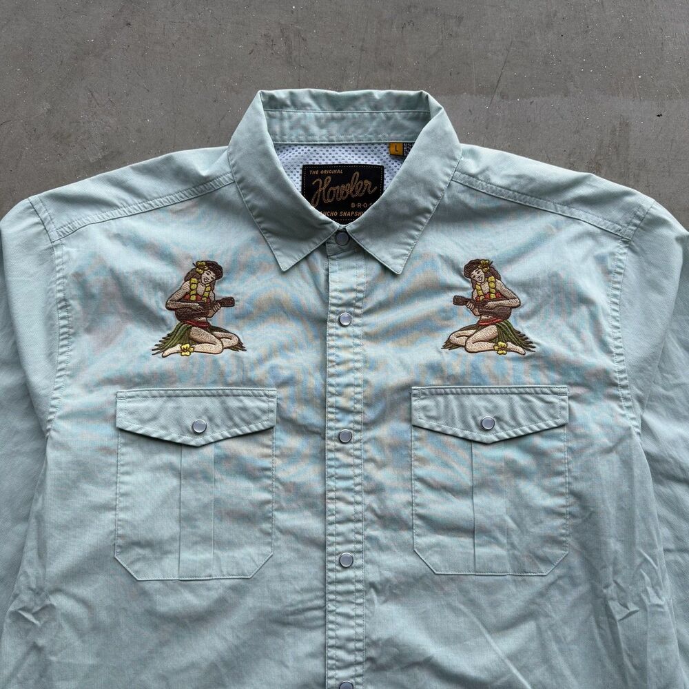 Howler Bros Shirt Sz L Gaucho Snapshirt Hula Girls 10 Year Hawaiian Micro Stripe - Picture 1 of 14